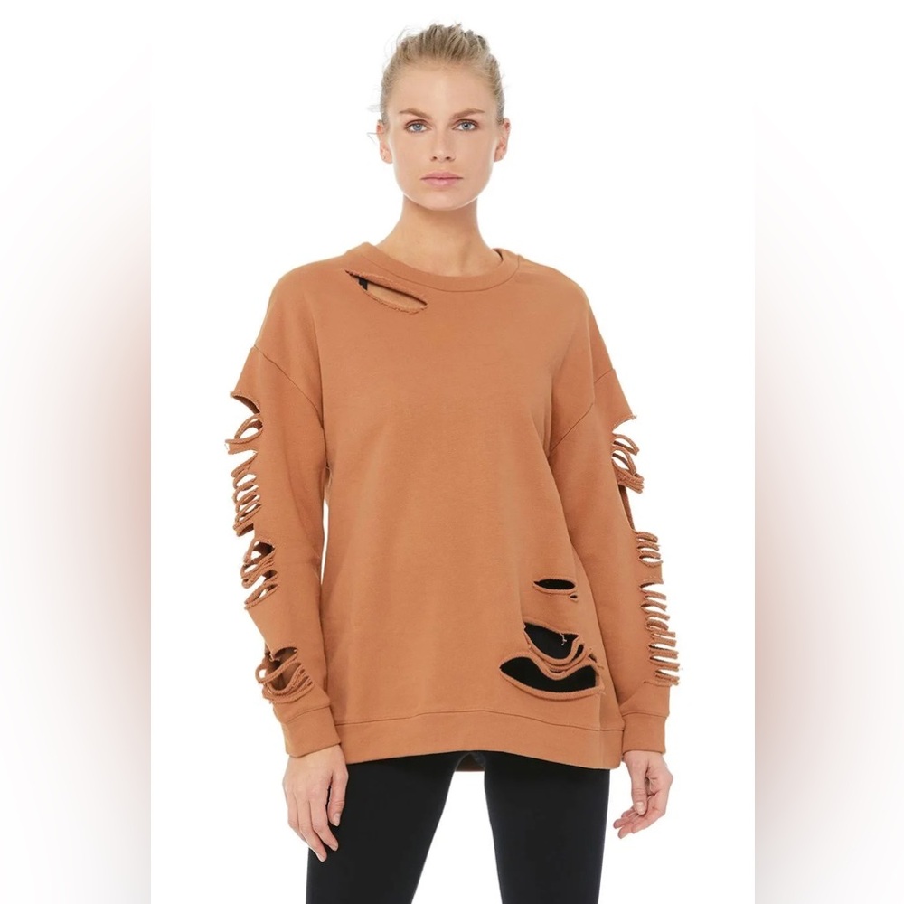 Alo Fade Disressed Crew Neck Pullover In Henna
